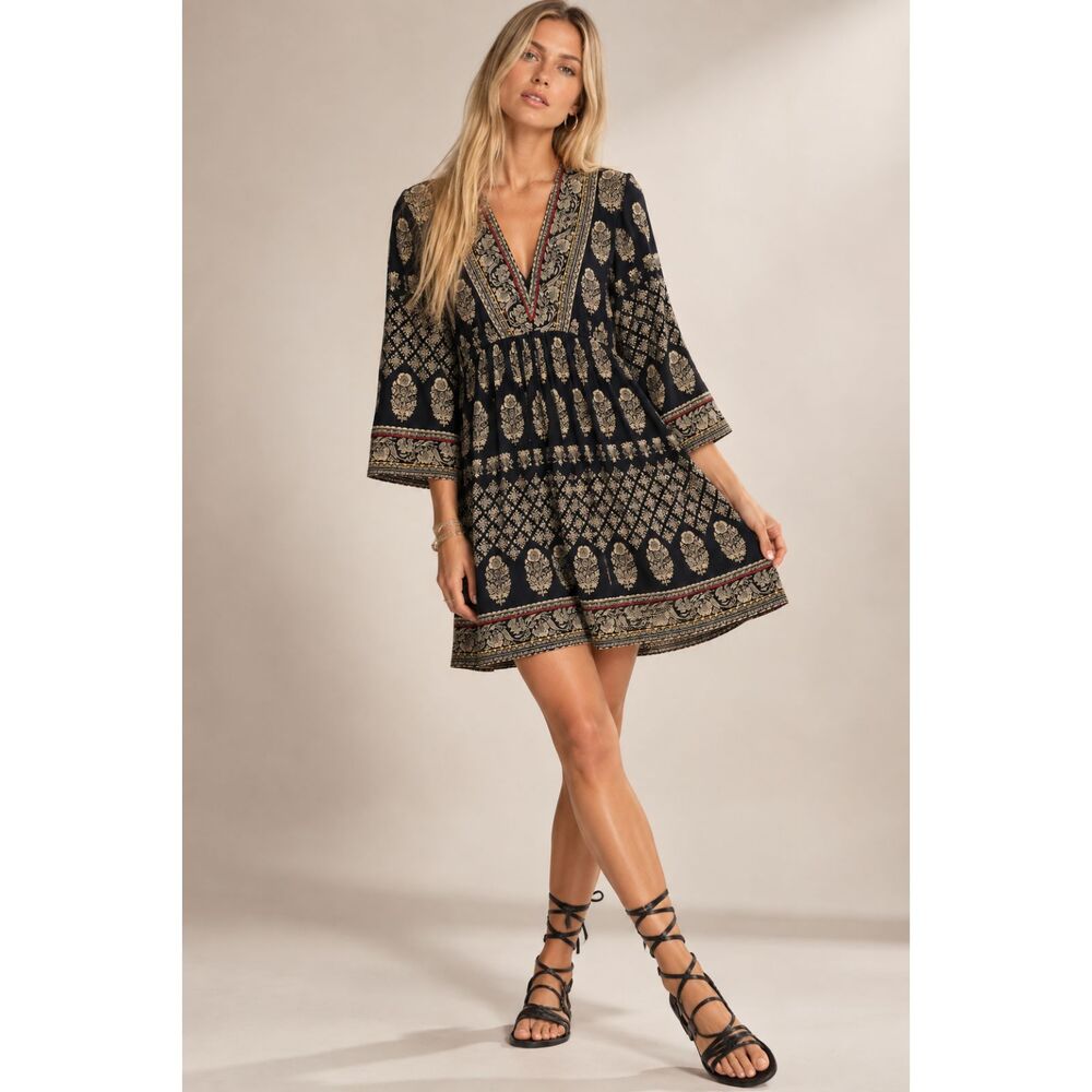 Maeve By Anthropologie Avalon Black/Gold Embroidered Mini Dress Size Small